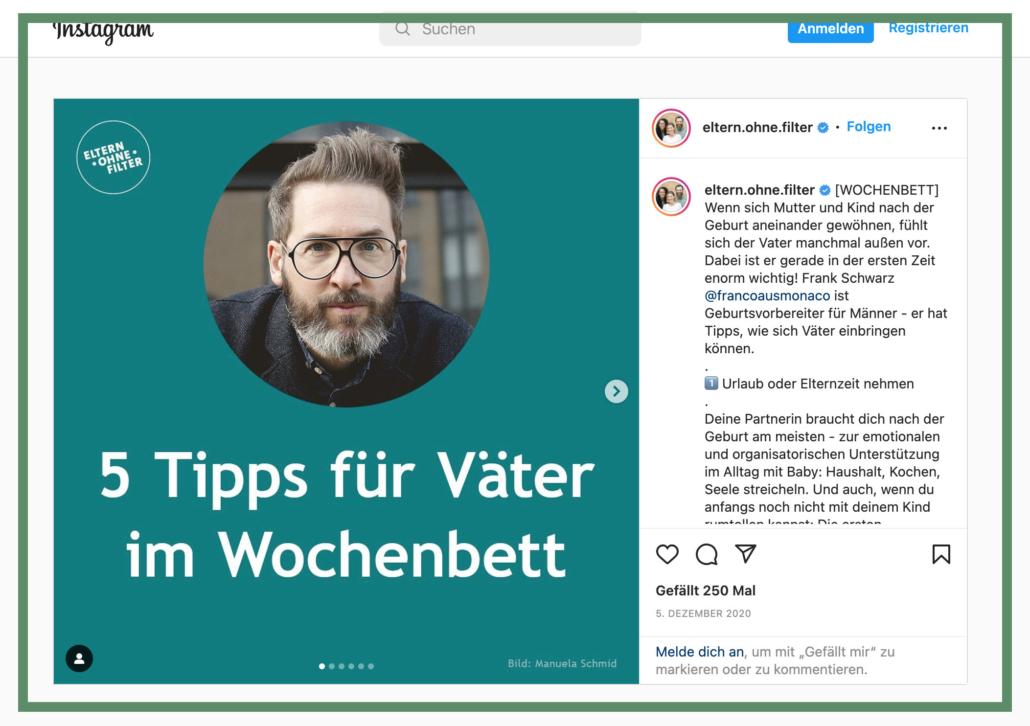 Wochenbett-Post mit Frank Schwarz auf dem Instagram-Kanal von Eltern ohne Filter © Post: Eltern ohne Filter / Foto: Manuela Schmid